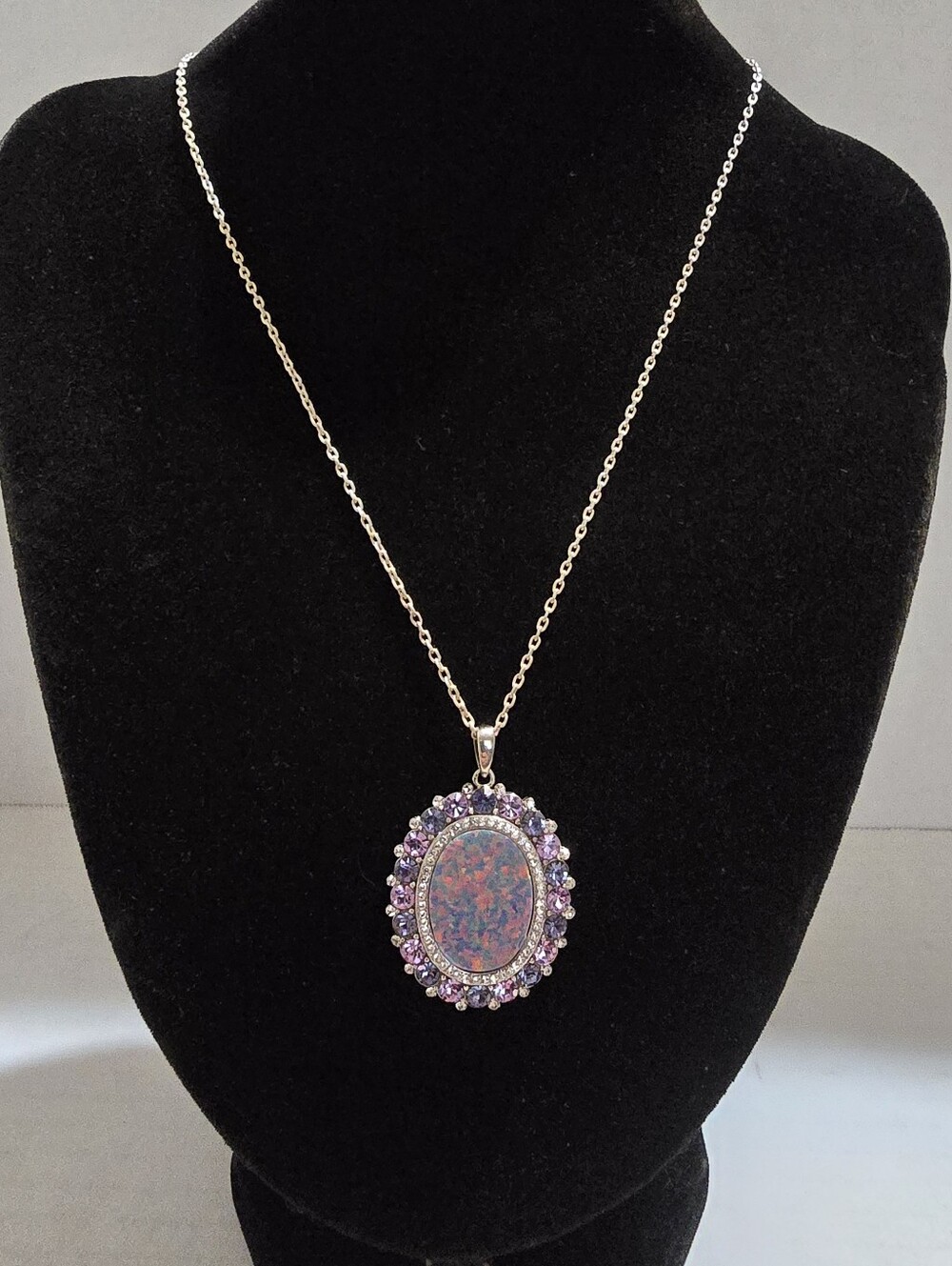20 Inch Adjustable Sterling Silver Faux Lavender Opal Pendant Necklace 925